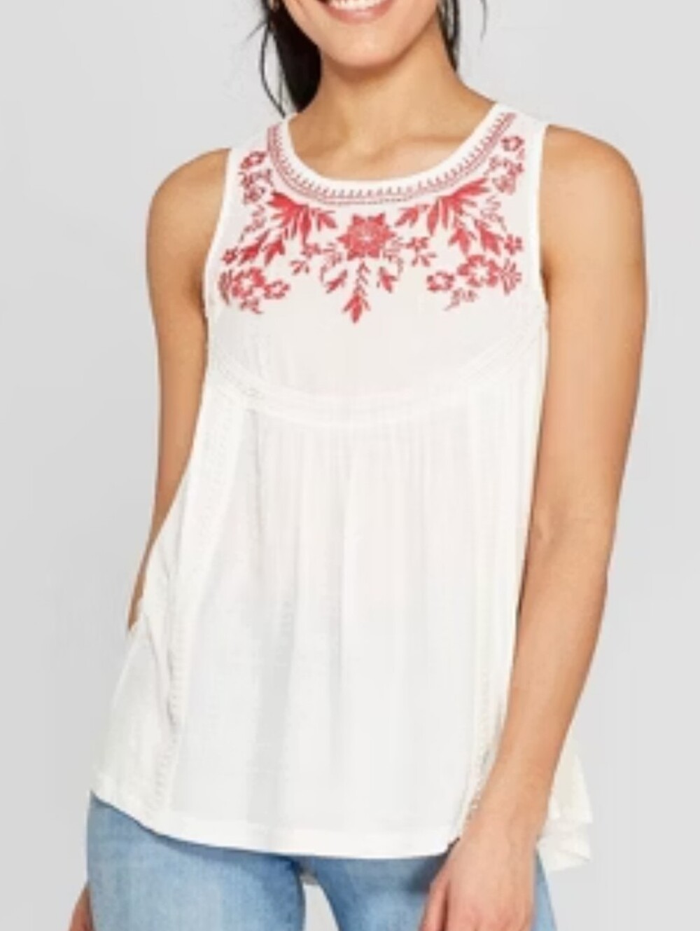 Knox Rose White Sleeveless Embroidered Yoke Tank with Red Floral Detail